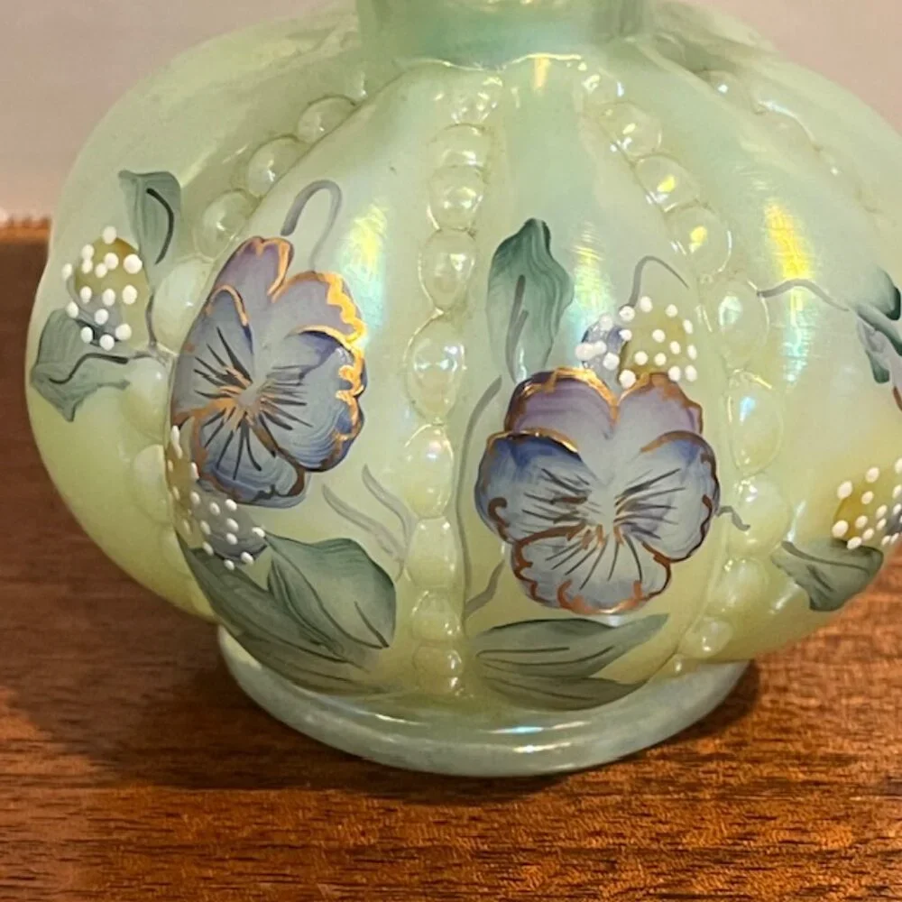Fenton Iridized Sea Green Beaded Melon Pansies Vase Signed Frank & Tom Fenton